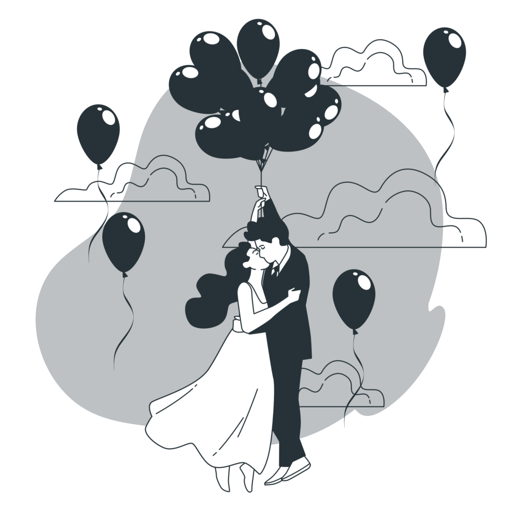 Couple floating with balloons-bro